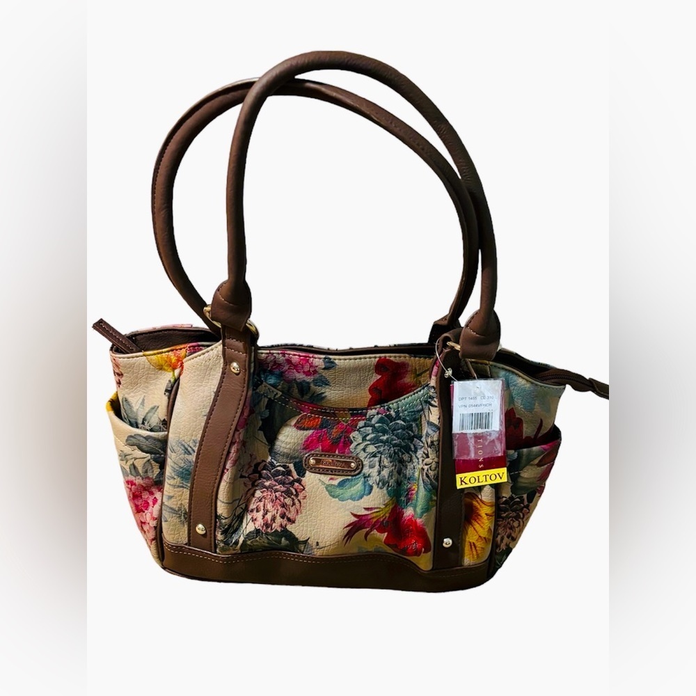 NWT Koltov tote bag faux leather beige floral great design features!